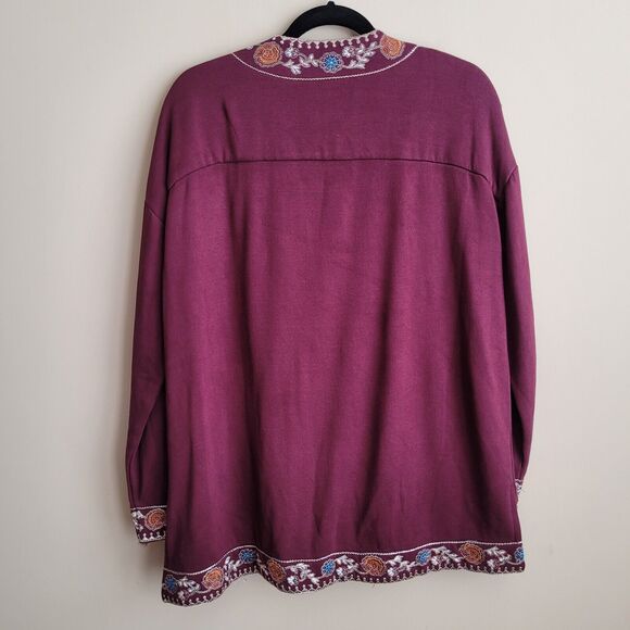 Soft Surroundings Womens Cardigan Sweater Size Large Maroon Embroidered Fleece - Picture 9 of 11
